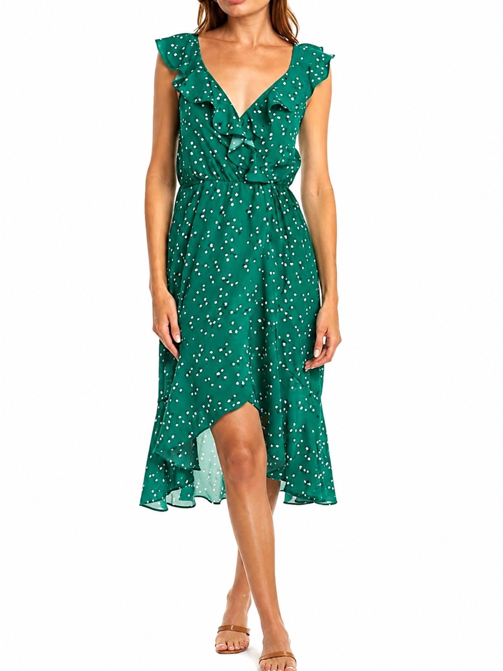 Socialite Feminine Spring Green Speckled Ruffle Wrap Midi Dress Size XL